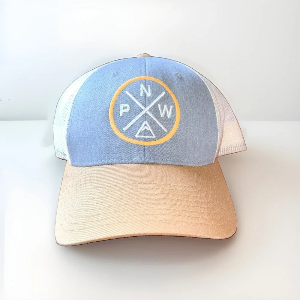 PNW Mountain Hiking Nature Baseball Ballcap Hat Gray And Mustard Unisex Onesize